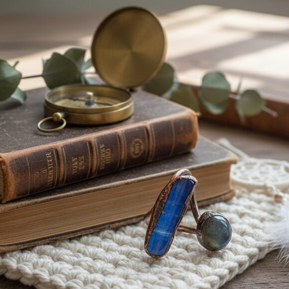 🆕️Boho Chic Labradorite & Kyanite Adjustable Ring | Handmade Statement - Picture 11 of 16
